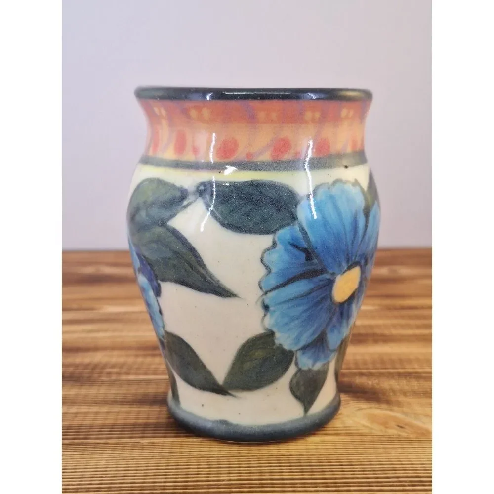 Vintage Ceramic Floral‎ Small Flower Vase Glazed Blue Red Green 4.25